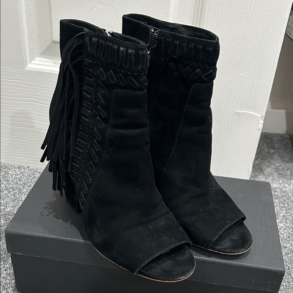 Rebecca Minkoff Black Suede Fringe Booties